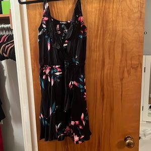 Express Black floral dress with pink flowers and teal leaves; size small